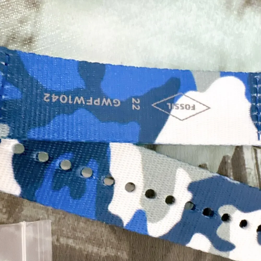 Fossil GWPFW1042 22mm Canvas Watch Strap Blue Camo Replacement Band NWT